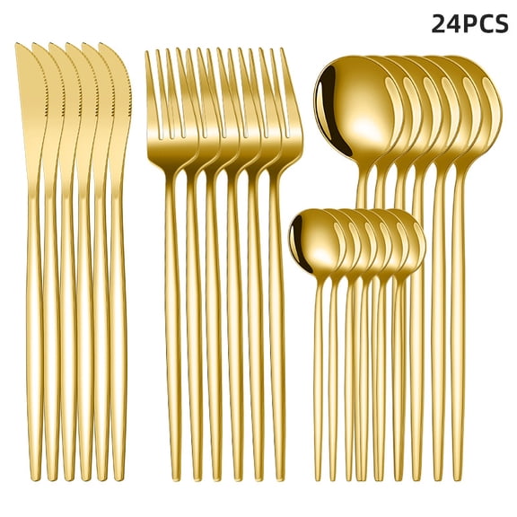 Zhuge 24 Pieces Golden Stainless Steel Flatware Set, Durable Tableware Service for 6 Persons Daily Household Dining Use