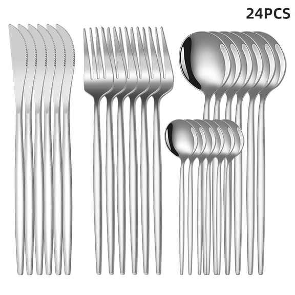 Zhuge 24 Pieces Silver Stainless Steel Flatware Set, Durable Tableware Service for 6 Persons Daily Household Dining Use