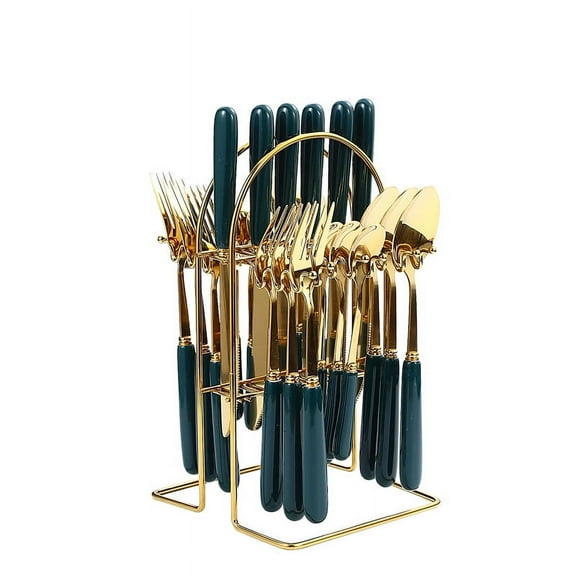 Zhuge 24Pcs Silverware Set, Stainless Steel Cutlery Set with Holder, Flatware Set for 7 Person Tableware Set - Gold,Dark Green