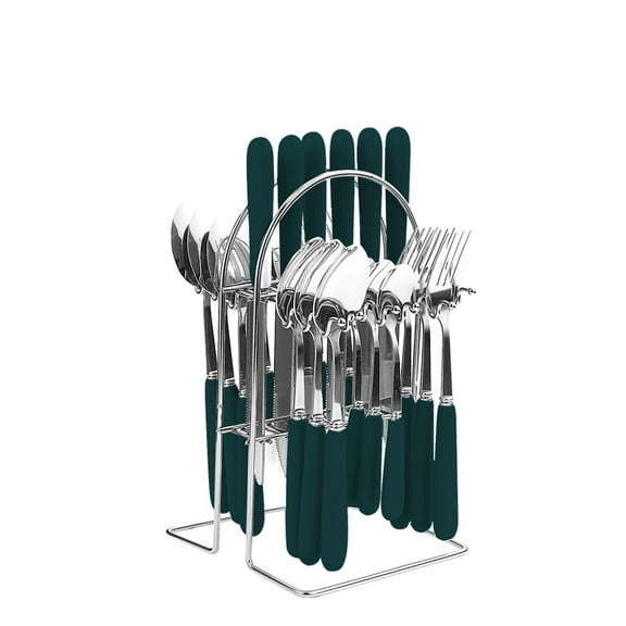 Zhuge 24Pcs Silverware Set, Stainless Steel Cutlery Set with Holder, Flatware Set for 7 Person Tableware Set - Silver,Dark Green