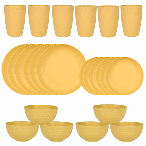 Zhuge 24pcs Wheat Straw Dinnerware Set,Plates and Bowls Set,Camping Dish Set for 6, Plastic Dinnerware Set,Dishwasher Safe Dinnerware Set,Yellow