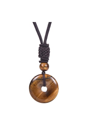 25mm Round Donut Gemstone Pendant Necklace, Natural Crystal Lucky Coin Charm, Adjustable Rope Quartz Stone Healing Protection Jewelry for Men and Women, Brown