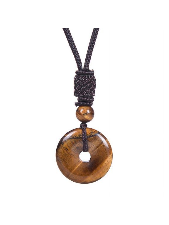 25mm Round Donut Gemstone Pendant Necklace, Natural Crystal Lucky Coin Charm, Adjustable Rope Quartz Stone Healing Protection Jewelry for Men and Women, Brown