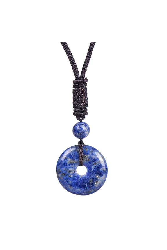 25mm Round Donut Gemstone Pendant Necklace, Natural Crystal Lucky Coin Charm, Adjustable Rope Quartz Stone Healing Protection Jewelry for Men and Women, Blue