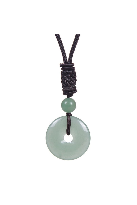 25mm Round Donut Gemstone Pendant Necklace, Natural Crystal Lucky Coin Charm, Adjustable Rope Quartz Stone Healing Protection Jewelry for Men and Women, Green
