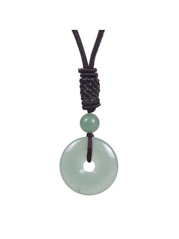25mm Round Donut Gemstone Pendant Necklace, Natural Crystal Lucky Coin Charm, Adjustable Rope Quartz Stone Healing Protection Jewelry for Men and Women, Green