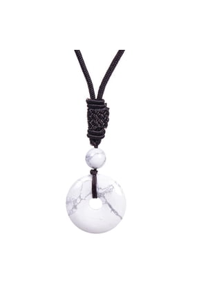 25mm Round Donut Gemstone Pendant Necklace, Natural Crystal Lucky Coin Charm, Adjustable Rope Quartz Stone Healing Protection Jewelry for Men and Women, Gray White