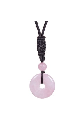25mm Round Donut Gemstone Pendant Necklace, Natural Crystal Lucky Coin Charm, Adjustable Rope Quartz Stone Healing Protection Jewelry for Men and Women, Pink