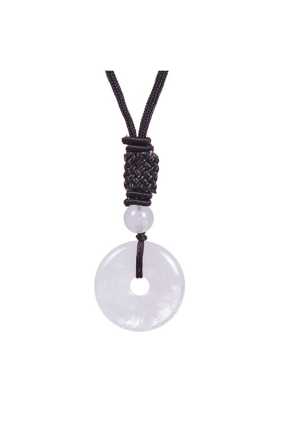 25mm Round Donut Gemstone Pendant Necklace, Natural Crystal Lucky Coin Charm, Adjustable Rope Quartz Stone Healing Protection Jewelry for Men and Women, White