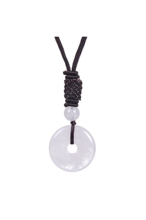 25mm Round Donut Gemstone Pendant Necklace, Natural Crystal Lucky Coin Charm, Adjustable Rope Quartz Stone Healing Protection Jewelry for Men and Women, White