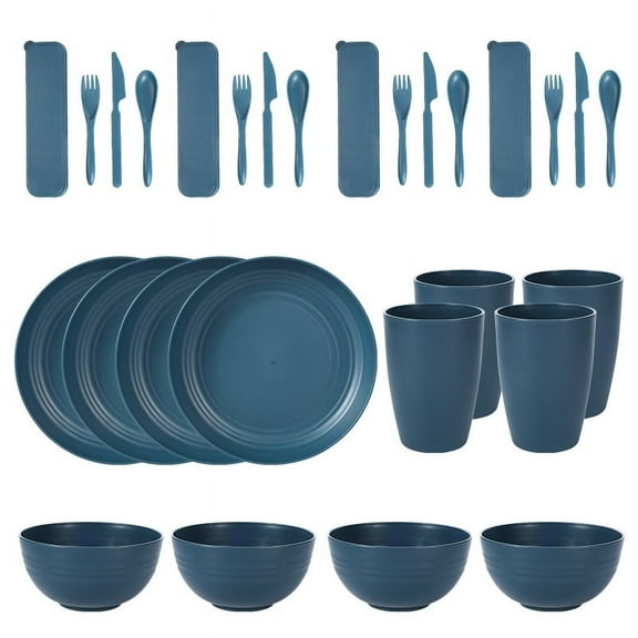 Zhuge 28pcs Wheat Straw Dinnerware Sets for 4 - Lightweight Unbreakable - Microwave Dishwasher Safe - Perfect for Picnic, Dorm,Camping Plates Cups and Bowls Set -Dark Blue