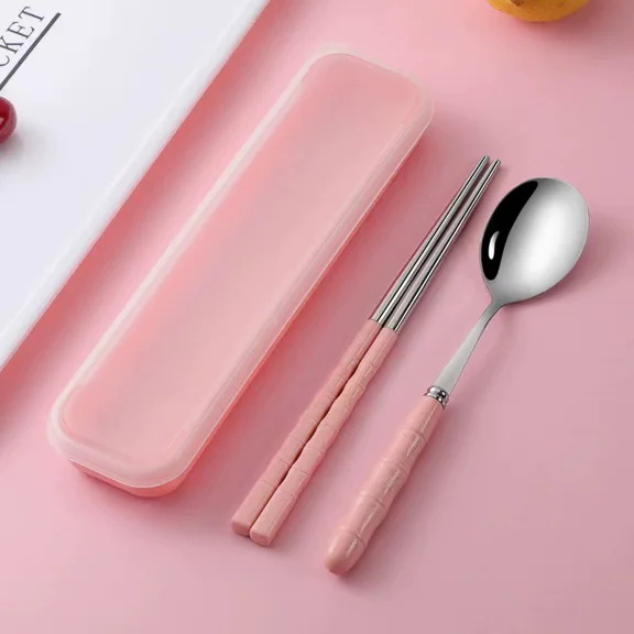 Zhuge 2pcs Utensils Set Stainless Steel Flatware Set Silverware Spoon Fork Chopstick Set -Pink