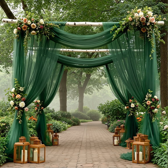 Zhuge 3 Panels Dark Green Chiffon Wedding Arch Draping Fabric, 63" x 26.2Ft Sheer Backdrop Curtain for Wedding Ceremony Ceiling Party Decor