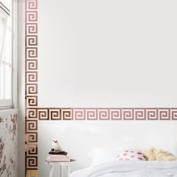 Zhuge 30-Piece 2x2in Removable Geometric Greek-Inspired Mirror Stickers, DIY Peel-and-Stick Adhesive Decals for Living Room, Bedroom & Home Background Decor (Rose)