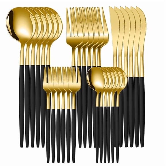 Zhuge 30 Pieces Black-Gold Stainless Steel Flatware Set, Durable Tableware Service for 6 Persons Daily Household Dining Use