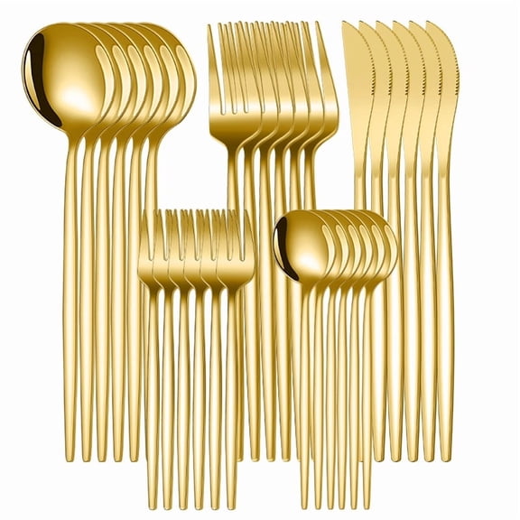 Zhuge 30 Pieces Golden Stainless Steel Flatware Set, Durable Tableware Service for 6 Persons Daily Household Dining Use