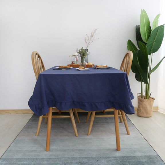 Zhuge 35.4x35.4 Inch Navy Blue Ruffled Rectangle Tablecloth, Natural Cotton Rustic Farmhouse Style Table Cover for Home Dining & Commercial Use