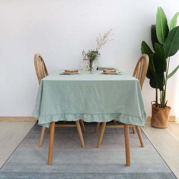 Zhuge 39.4x55.1 Inch Light Green Ruffled Rectangle Tablecloth, Natural Cotton Rustic Farmhouse Style Table Cover for Home Dining & Commercial Use