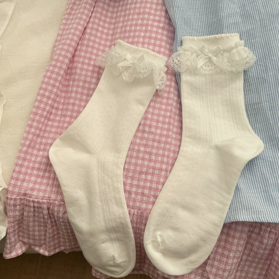 Zhuge 3Pairs Women Lace Socks Ruffle Frilly Socks - Comfortable Cotton Socks Cute Socks Princess Lolita for Ladies Gril，White A