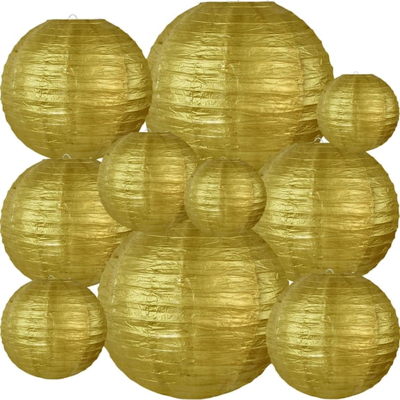 Zhuge 4" 6" 8" 10" 12" Mixed Size Gold Paper Lanterns, 10Pcs Round Hanging Foldable Paper Lamp Shades, Versatile Hanging Decor for Party, Wedding, Christmas, Household Decoration