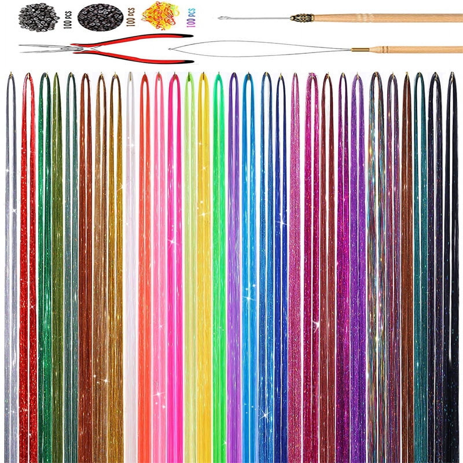 Zhuge 48 Inch Glitter Hair Tinsel Extensions Kit ，30 Colors ，With Tools - Heat Resistant Fairy Hair Accessories for Women, Girls, Kids，