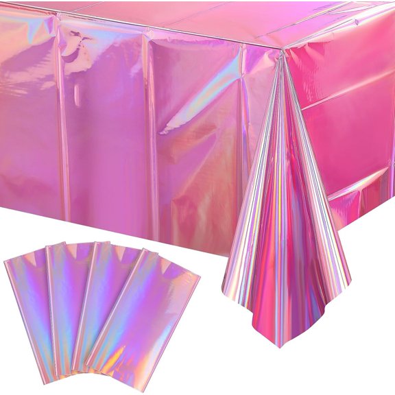 Zhuge 4pcs Pink Plastic Tablecloths Shiny Disposable Table Covers Holographic Foil Tablecloth Iridescent Party Decorations Birthday Bridal Wedding Christmas, 53.93 x 107.87 Inch