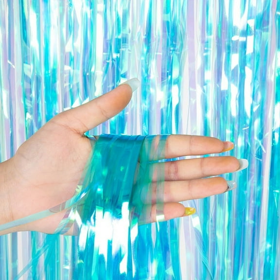 Zhuge 5 Pack Foil Transparent Rainbow Film Curtain Tinsel Backdrop Environmental Background for Birthday Party, Wedding, Graduation, Christmas DecorationsBlue