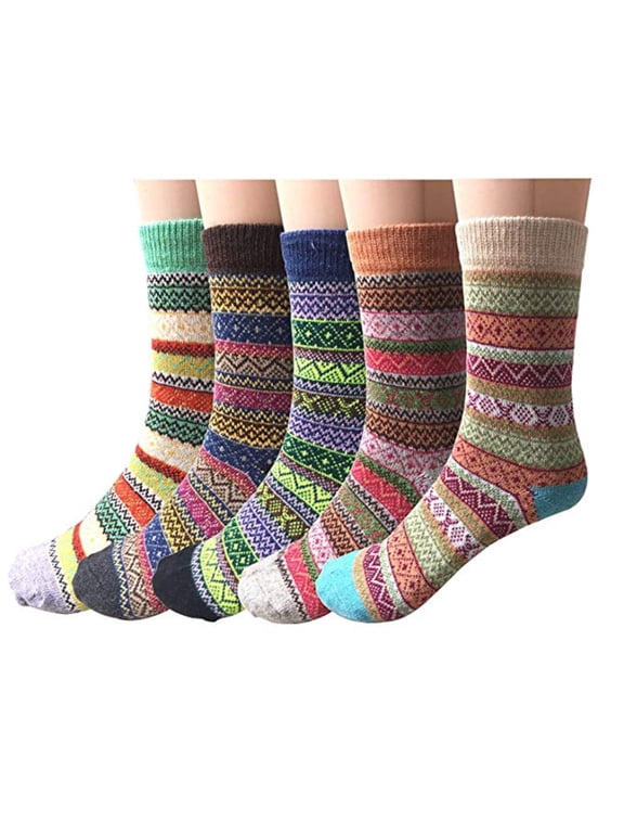 5-Pair Unisex Retro Thick Wool Mid Tube Socks Winter Warm Knit Socks for Women Men Size 9-11