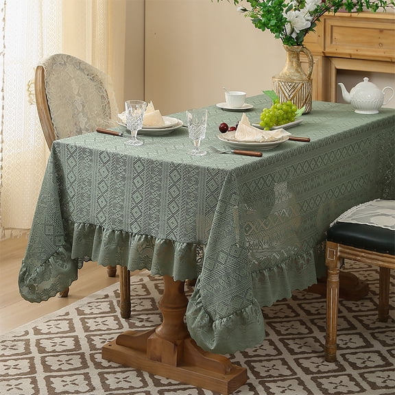 Zhuge 55.1x55.1" Green Polyester Tablecloth with Ruffled Lace Embroidery, French Rustic Washable Table Cover for Home Gatherings & Christmas Celebrations, Style B