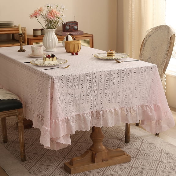 Zhuge 55.1x70.9" Pink Polyester Tablecloth with Ruffled Lace Embroidery, French Rustic Washable Table Cover for Home Gatherings & Christmas Celebrations, Style A