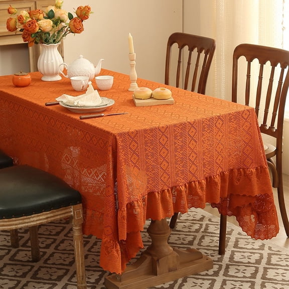 Zhuge 55.1x86.6" Orange Polyester Tablecloth with Ruffled Lace Embroidery, French Rustic Washable Table Cover for Home Gatherings & Christmas Celebrations, Style B