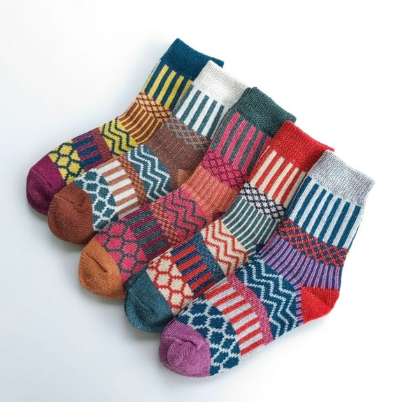 Zhuge 5Pack Womens Vintage Winter Soft Warm Thick Cold Knit Wool Crew Socks,Multicolor-Vertical bar