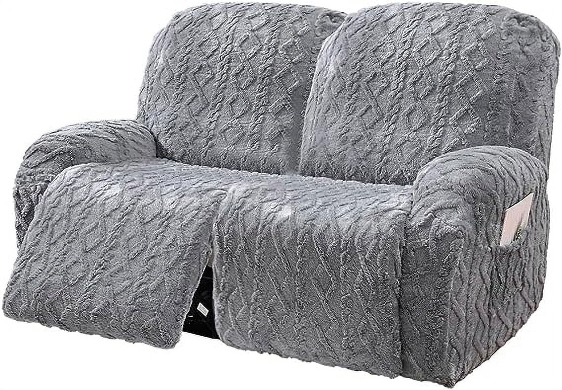 Zhuge 6 Pieces Geometric Jacquard Plush Recliner Loveseat Slipcovers Soft Fuzzy Fluffy Sofa Couch Cover Anti-Slip Furniture Protector with Elastic Bottom for Kids Cats Dogs(Grey,2 Seat)