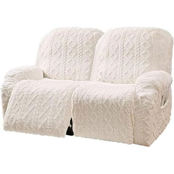 Zhuge 6 Pieces Geometric Jacquard Plush Recliner Loveseat Slipcovers Soft Fuzzy Fluffy Sofa Couch Cover Anti-Slip Furniture Protector with Elastic Bottom for Kids Cats Dogs(Cream,2 Seat)