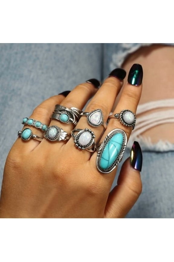 8 Pcs Bohemian Joint Knuckle Rings Set for Women,Vintage Oval Turquoise Finger Ring Opal Gemstone Teardrop Midi Rings Pack Punk Leaf Ring Party Daily Jewelry Gift