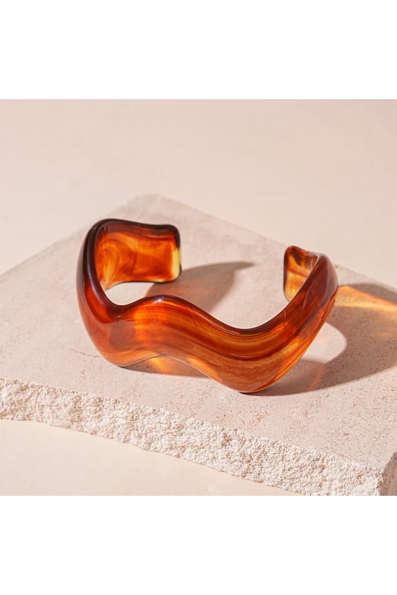 Adjustable Open-Cuff Irregular Resin Bangle, Single Piece Contemporary Acrylic Wrist Accessory,Brown A