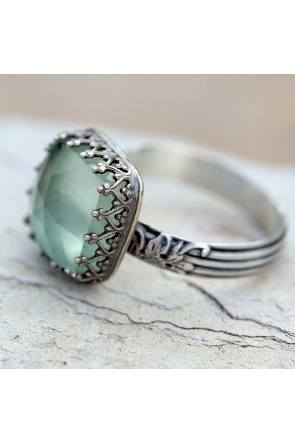 Antique-Style Mint Green Moonstone Ring - Size 7, Handcrafted Retro Jewelry for Boho-Classic Fusion Styles