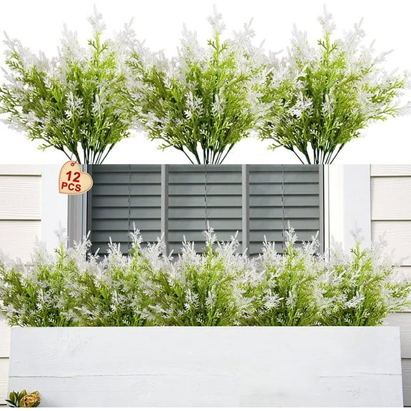 Zhuge Artificial Outdoor Plants 12 PCS Fake Cedar Plants Plastic Faux Pinetree Stems Greenery Shrubs UV Resistant Colorfast (White)