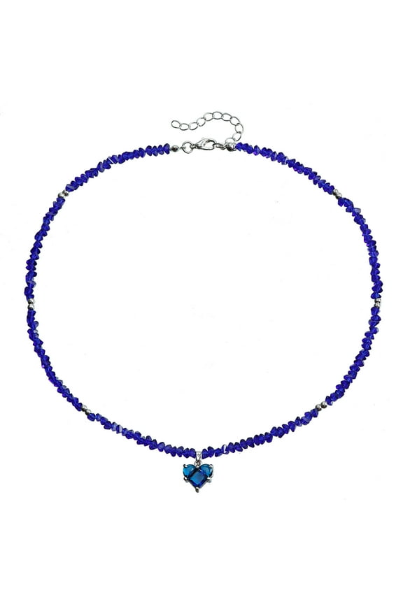 Artisanal Handmade Glass Bead Heart Choker, Boho-Chic Beaded Pendant Necklace with Trendy Flair, Dark Blue