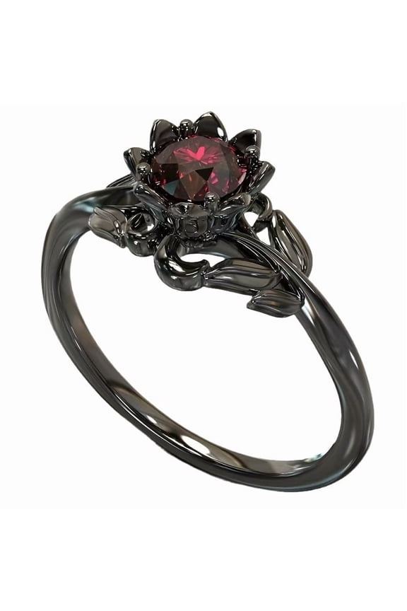 Black & Red Floral Ring with Sparkling Rhinestones - Size 5, Elegant Fashion Jewelry for Weddings, Birthdays & Anniversaries