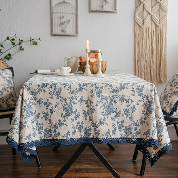 Zhuge Blue Printed Pattern Fresh Rustic Country Style Tablecloth with Crochet Lace Trim, Ideal for Home Tea Tables & Decorative Use (300 * 140cm)
