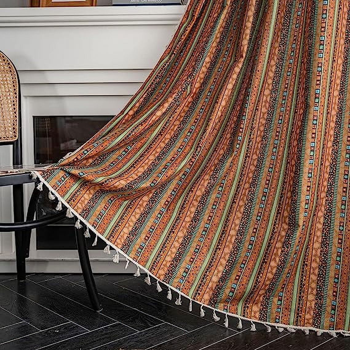 Zhuge Bohemian Striped Print Cotton Linen Window Curtain Panel with Lace Rod Pocket Colorful Patterned Room Darkening Drapes, 1 Piece (59"x71",Yellow)