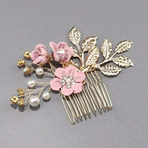 Zhuge Bridal Flower Wedding Hair Pins Crystal Pearl Hair Combs Clips Headpiece Gold Wedding Hair Accessories Jewelry with Rhinestone for Brides Bridesmaids Women Girls (Pink)