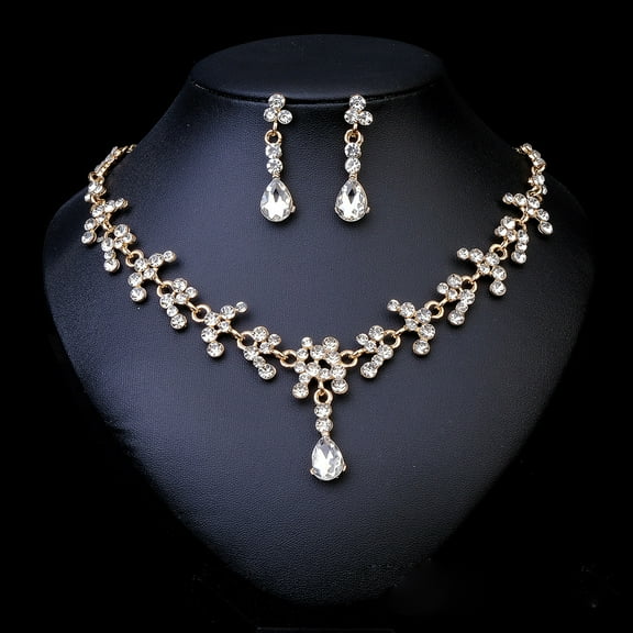 Zhuge Bridal Teardrop Cluster Rhinestone Jewelry Set for Women Necklace Earrings Wedding-A02