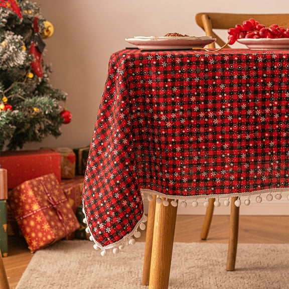 Zhuge Christmas Plaid Tablecloth Rectangle Table Cover for Farmhouse Christmas Party Decoration-Fine grid small snowflake ball-SIZE H:55*102inch
