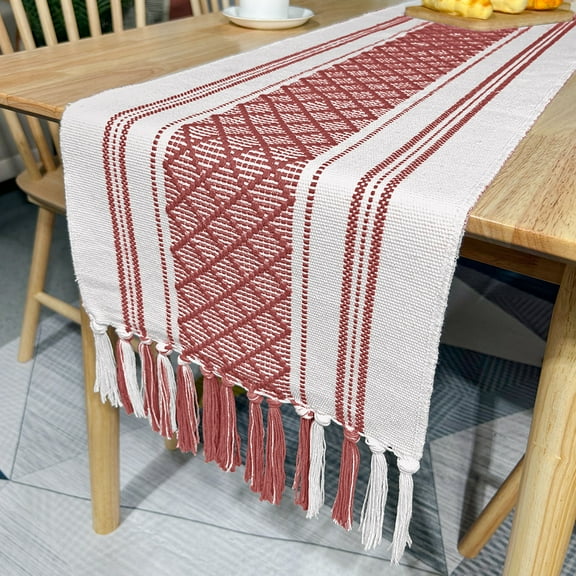 Zhuge Cotton Linen Table Runner & Cover Cloth, Handmade Tassel Accents - Versatile for Bed End, Tea Tables & Cabinet Covers, Decorative Tea Towel Table Accent Fabric (red, 180 * 35cm)