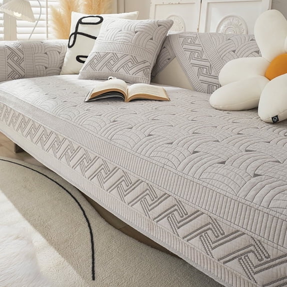 Zhuge Cotton Quilted Embroidery Sectional Couch Cover Furniture Protector Cover-35.4*70.8inch,Grey