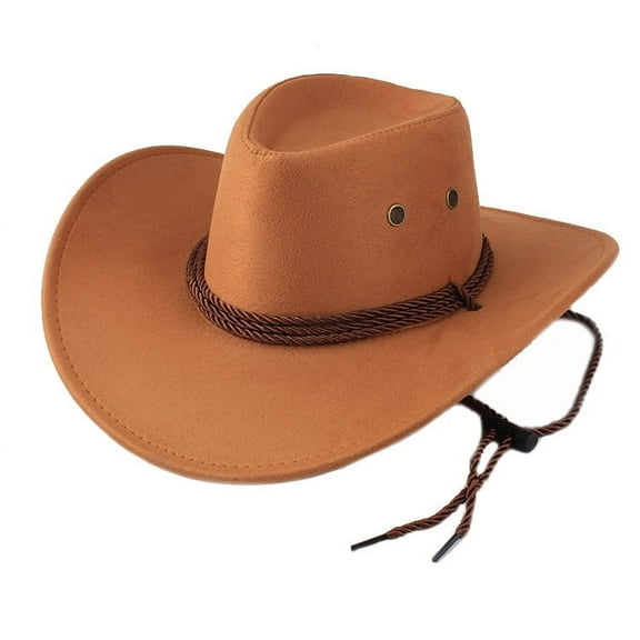Zhuge Cowboy Hat for Men Women Roll Up Wide Brim Fedora Cowgirl Hat Faux Felt Hat with Strap，Camel