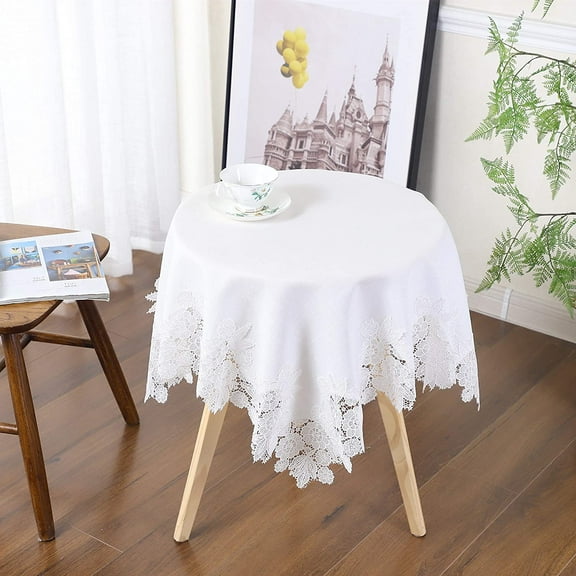 Zhuge Cream White Lace Flower Embroidery Small Square Tablecloth Rustic Wedding Party Home Kitchen Cabinet Bedside Table Decorations 33.5 x 33.5 Inch