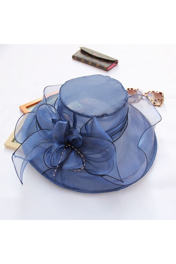 Dark Blue Wedding Tea Party Mesh Flower Wide-Brim Hat Average Size, 1 Piece